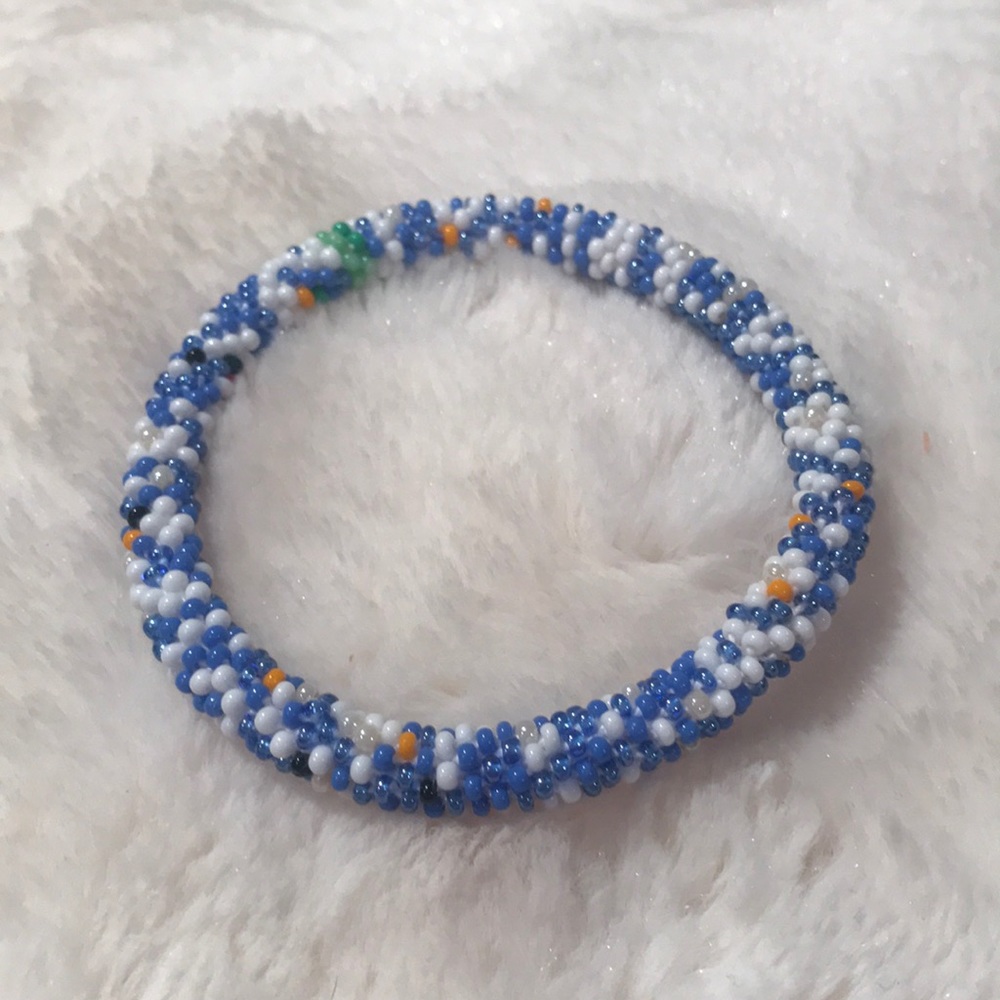 Roll on beaded bracelet, blue and white
